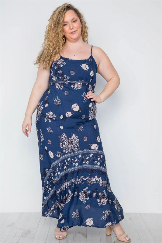 Junior Plus Size Multi Navy Floral Cami Boho Maxi Dress / 2-2-2 - Tasha Apparel Wholesale