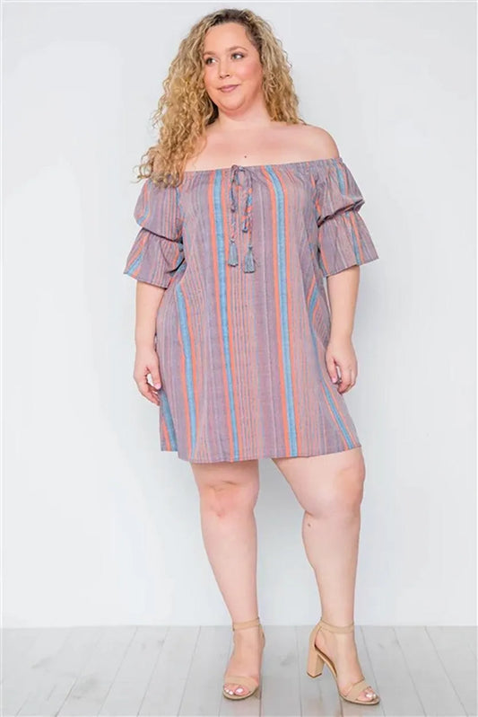 Plus Size Multi Coral Stripe Off-The-Shoulder Dress - Tasha Apparel Wholesale