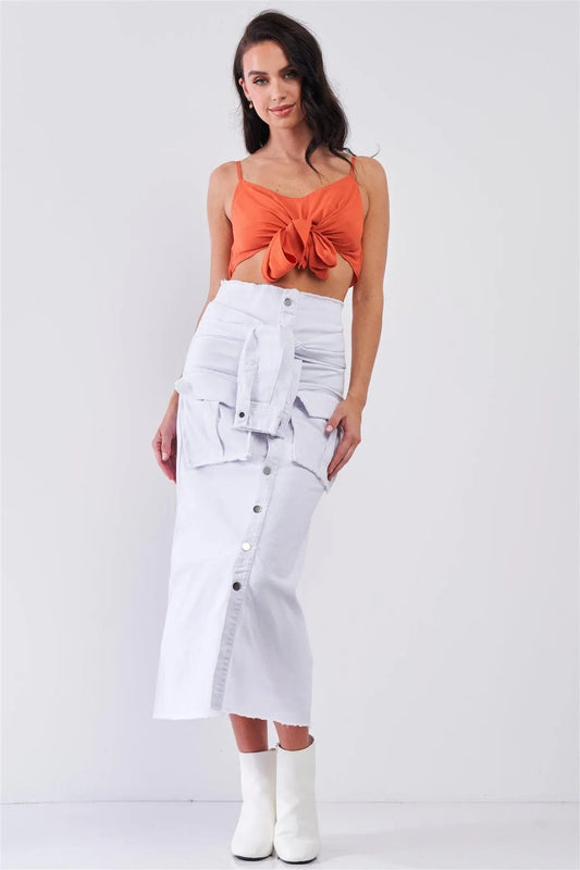 White Denim High Waist Button Down Mock Sleeve Wrap Detail Tube Midi Skirt With Front Pockets /2-2-2 - Tasha Apparel Wholesale