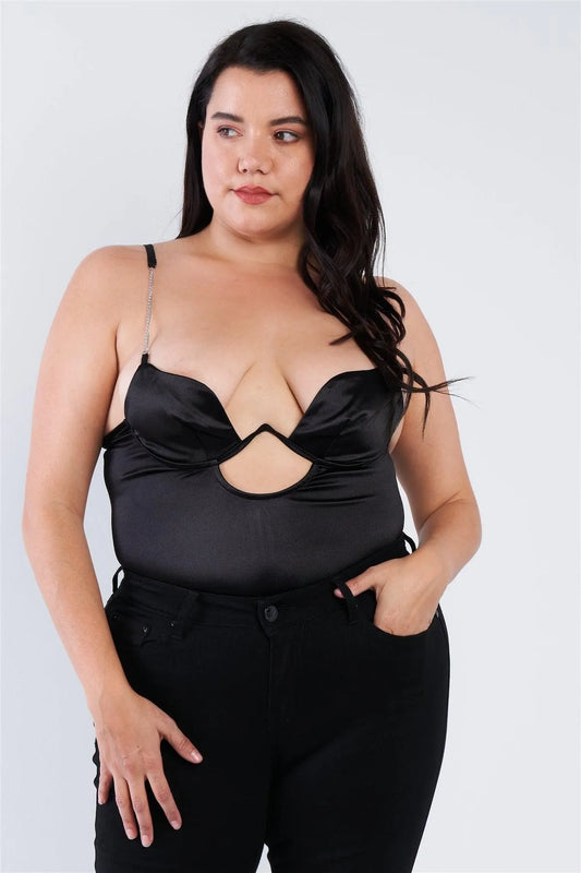 Plus Size Black Silk Chain Spaghetti Strap High Thong Center Cut Out Bodysuit /2-2-2 - Tasha Apparel Wholesale