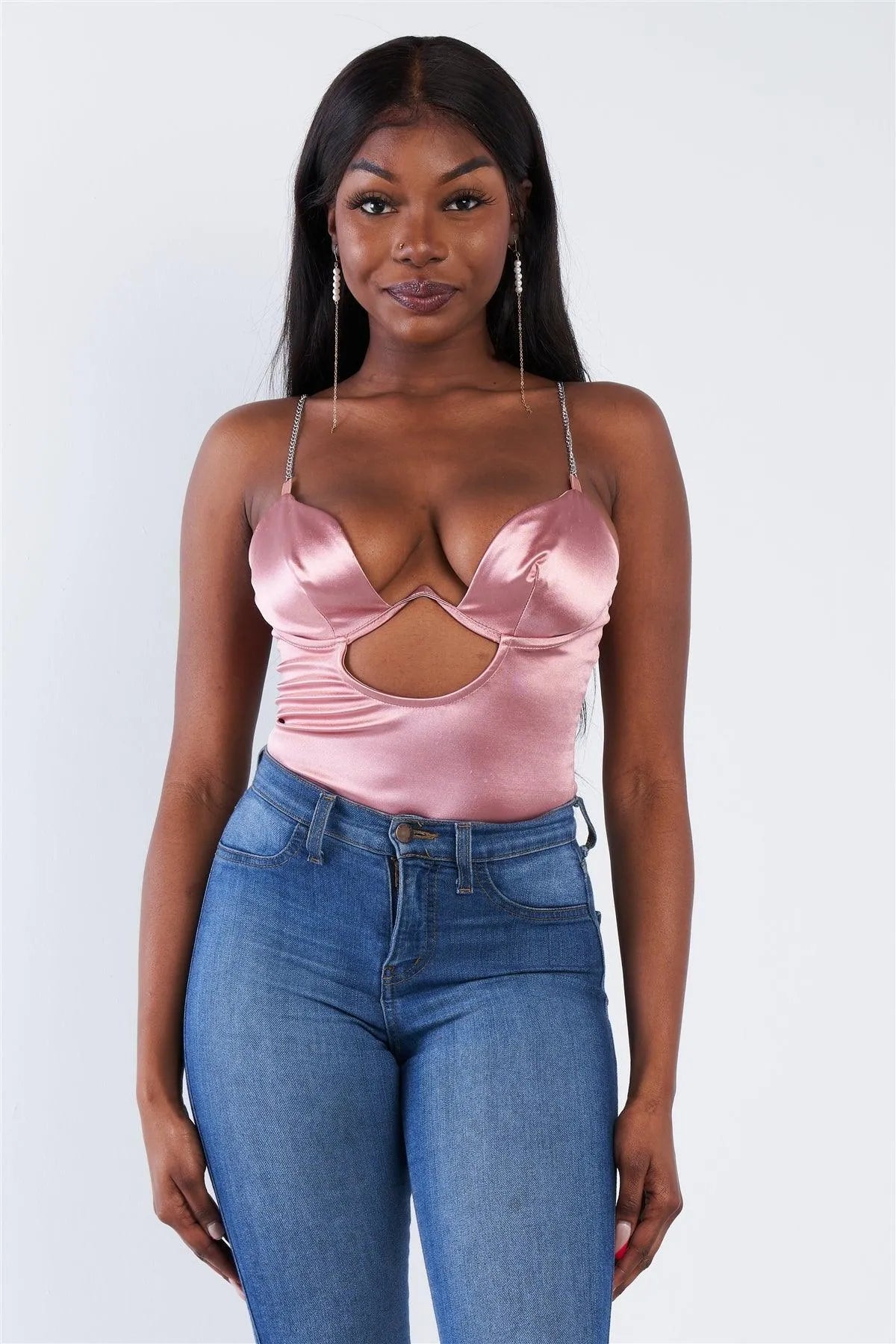 Dusty Pink Silk Chain Spaghetti Strap High Thong Center Cut Out Bodysuit /2-2-2 - Tasha Apparel Wholesale