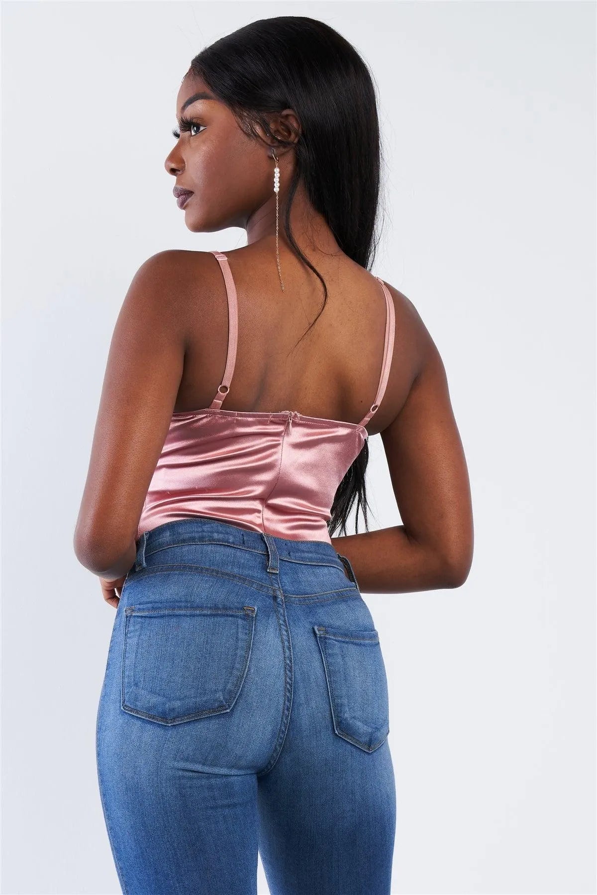 Dusty Pink Silk Chain Spaghetti Strap High Thong Center Cut Out Bodysuit /2-2-2 - Tasha Apparel Wholesale