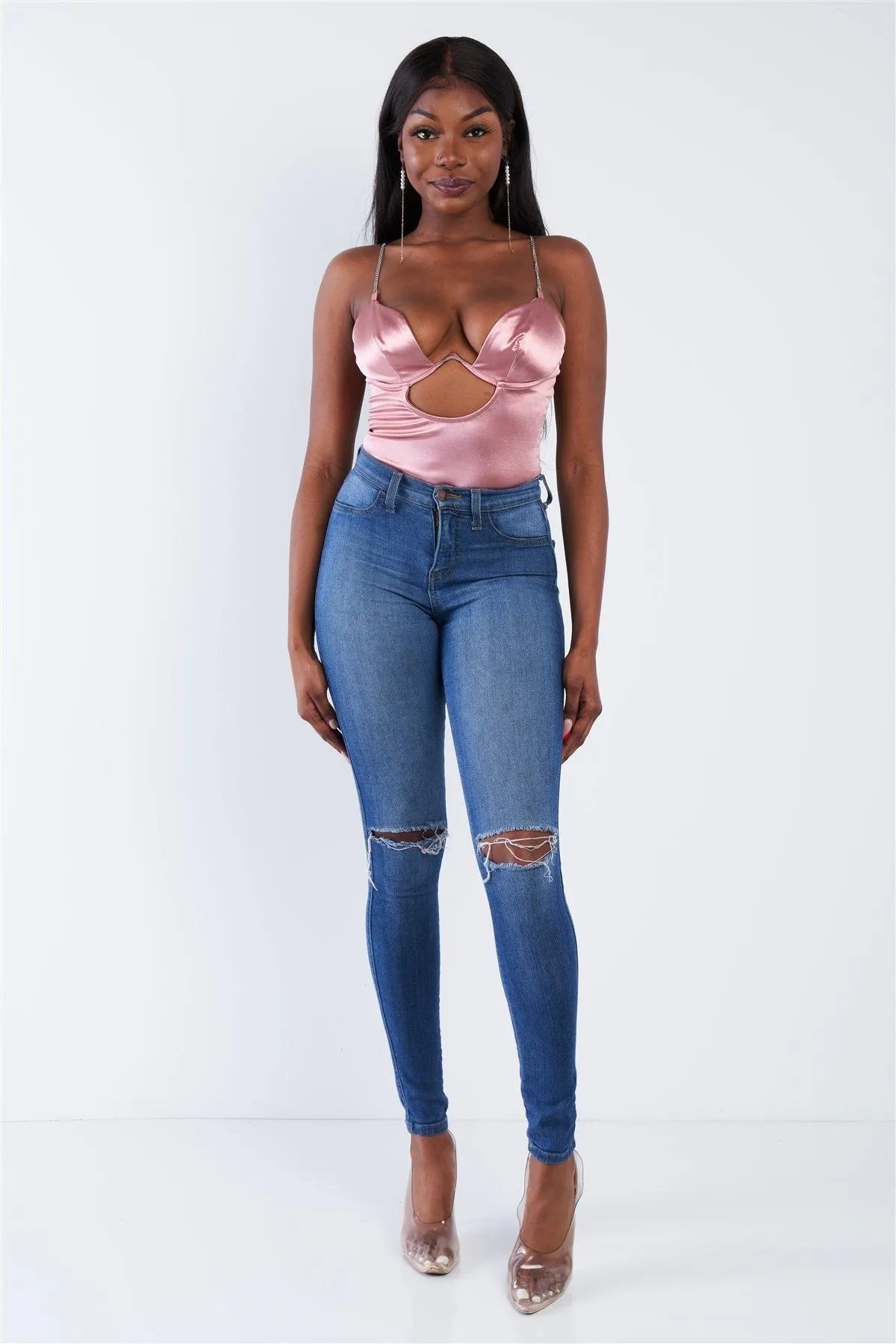 Dusty Pink Silk Chain Spaghetti Strap High Thong Center Cut Out Bodysuit /2-2-2 - Tasha Apparel Wholesale