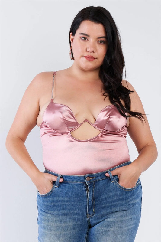 Plus Size Dusty Pink Silk Chain Spaghetti Strap High Thong Center Cut Out Bodysuit /2-2-2 - Tasha Apparel Wholesale