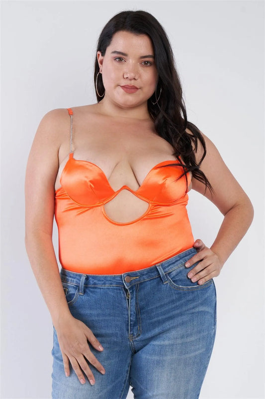 Plus Size Neon Orange Silk Chain Spaghetti Strap High Thong Center Cut Out Bodysuit /2-2-2 - Tasha Apparel Wholesale