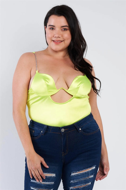 Plus Size Yellow Silk Chain Strap Thong Bodysuit - Tasha Apparel Wholesale