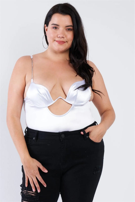 Plus Size White Silk Chain Spaghetti Strap High Thong Center Cut Out Bodysuit /2-2-2 - Tasha Apparel Wholesale