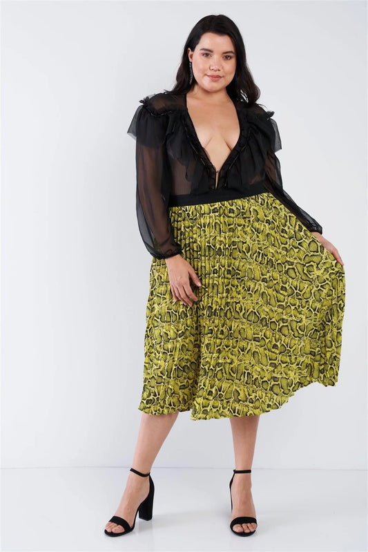 Junior Plus Size Black Sheer V-Neck Frill Silk Full Bottom Snap Bodysuit /2-2 - Tasha Apparel Wholesale