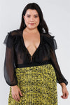 Plus Size Black Sheer V-Neck Frill Silk Full Bottom Snap Bodysuit /2-2-2 - Tasha Apparel Wholesale