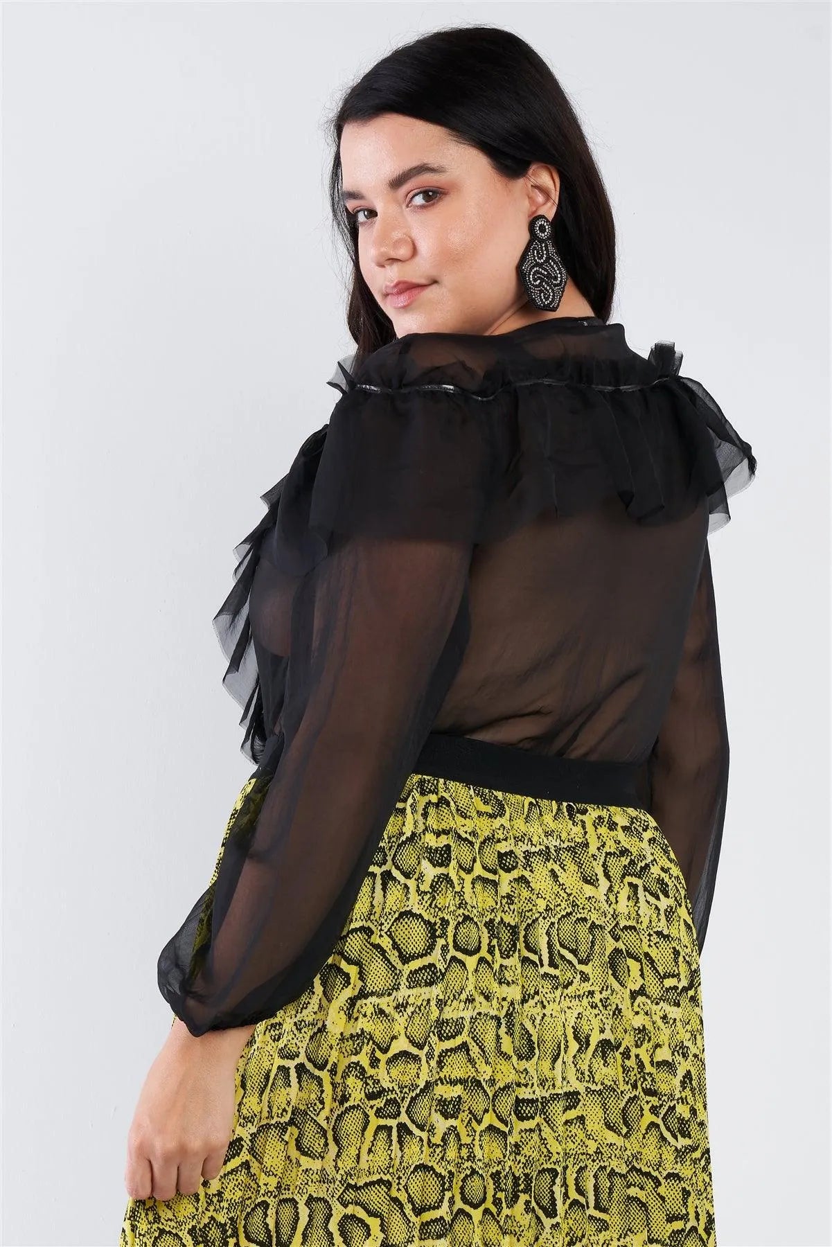 Plus Size Black Sheer V-Neck Frill Silk Full Bottom Snap Bodysuit /2-2-2 - Tasha Apparel Wholesale