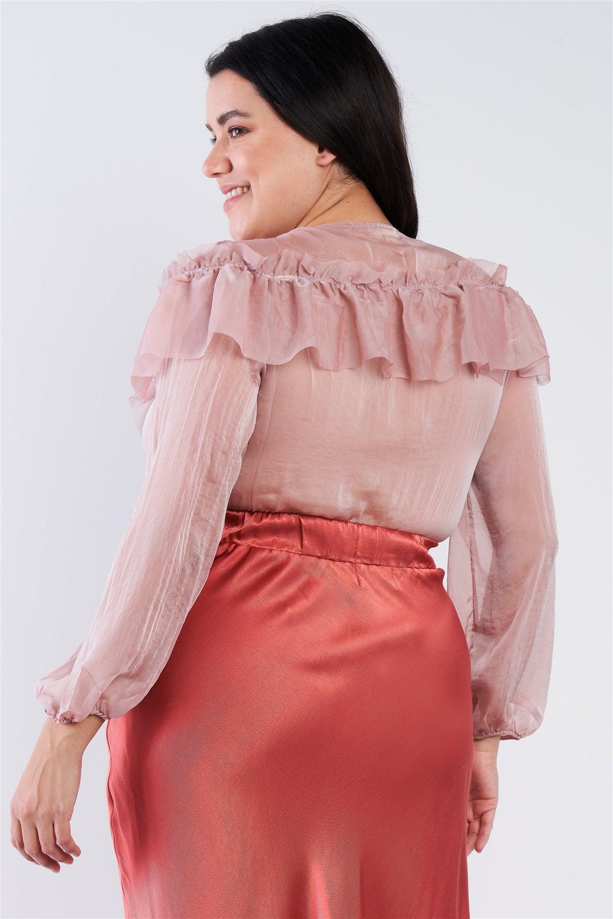 Junior Plus Size Dusty Pink Sheer V-Neck Frill Silk Full Bottom Snap Bodysuit  /2-2-2