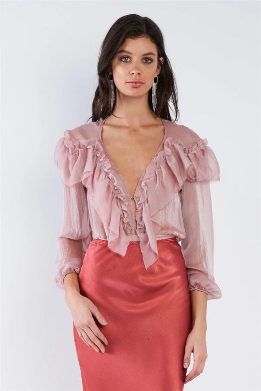 Dusty Pink Sheer V-Neck Frill Silk Full Bottom Snap Bodysuit /2-2-2 - Tasha Apparel Wholesale