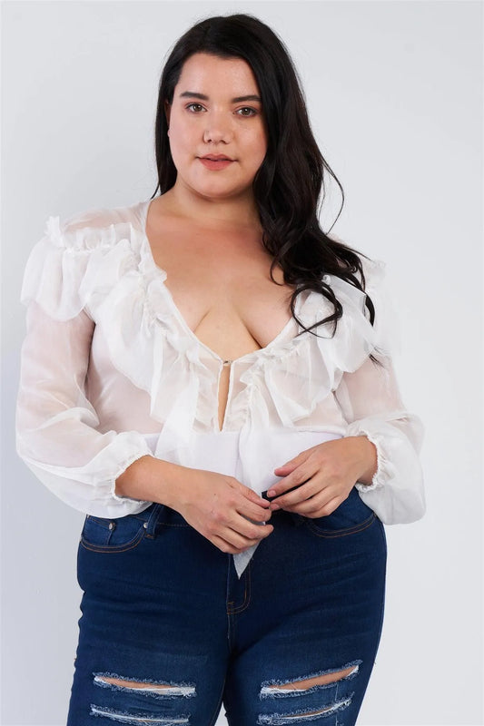 Junior Plus Size White Sheer V-Neck Frill Silk Full Bottom Snap Bodysuit /2-2-2 - Tasha Apparel Wholesale