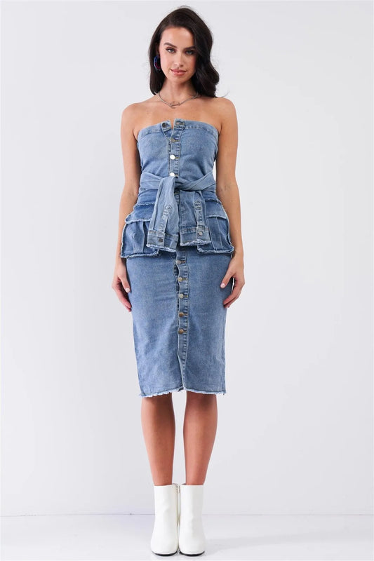 Vintage Medium Blue DenimSleeveless Strapless Button Down Mock Sleeve Wrap Detail Tube Midi Dress With Front Pockets /2-2-2 - Tasha Apparel Wholesale