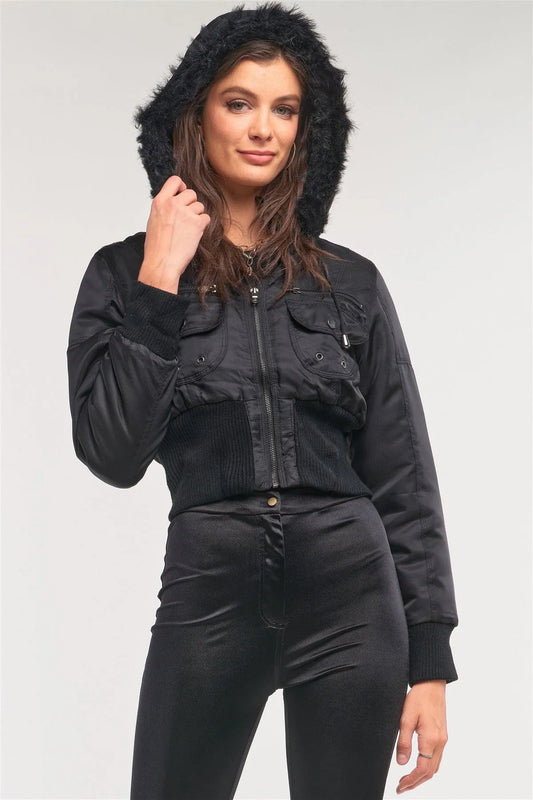 Black Zip-Up Faux Fur Hood Detail Cropped Winter Bomber Jacket /1-2-2-1 - Tasha Apparel Wholesale
