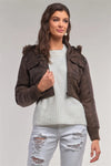 Copper Brown Zip-Up Faux Fur Hood Detail Cropped Winter Bomber Jacket /1-2-2-1 - Tasha Apparel Wholesale