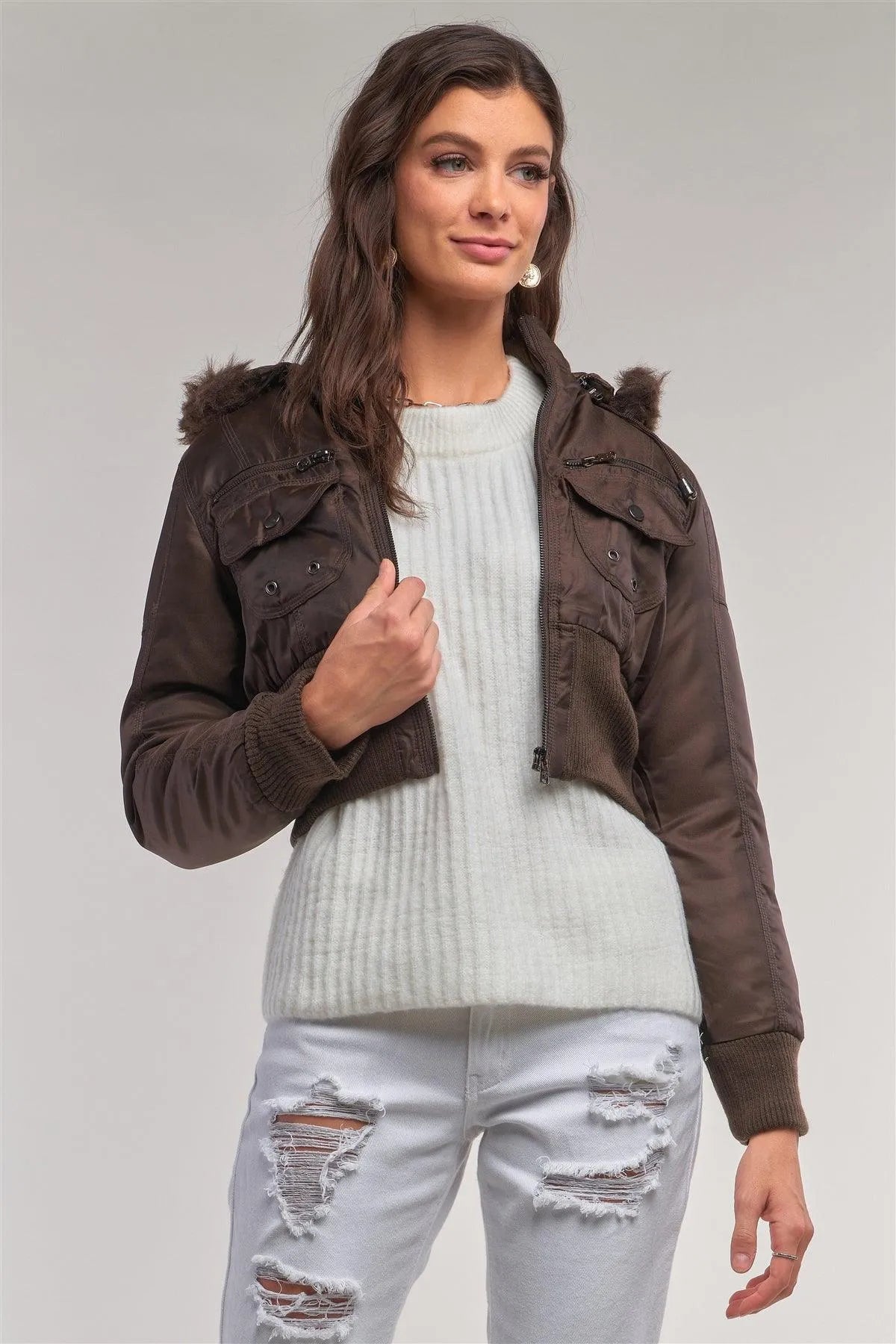 Copper Brown Zip-Up Faux Fur Hood Detail Cropped Winter Bomber Jacket /1-2-2-1 - Tasha Apparel Wholesale