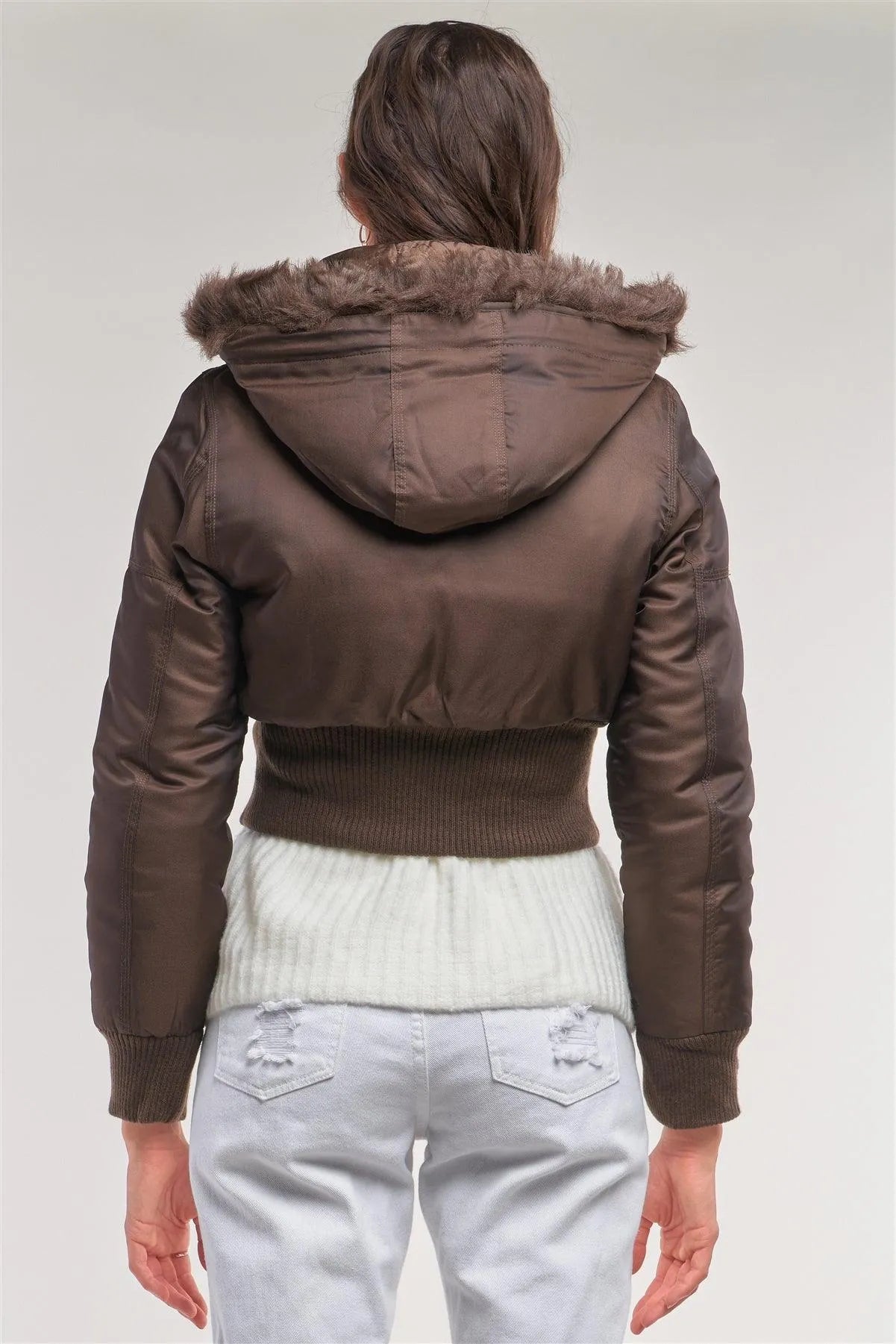 Copper Brown Zip-Up Faux Fur Hood Detail Cropped Winter Bomber Jacket /1-2-2-1 - Tasha Apparel Wholesale