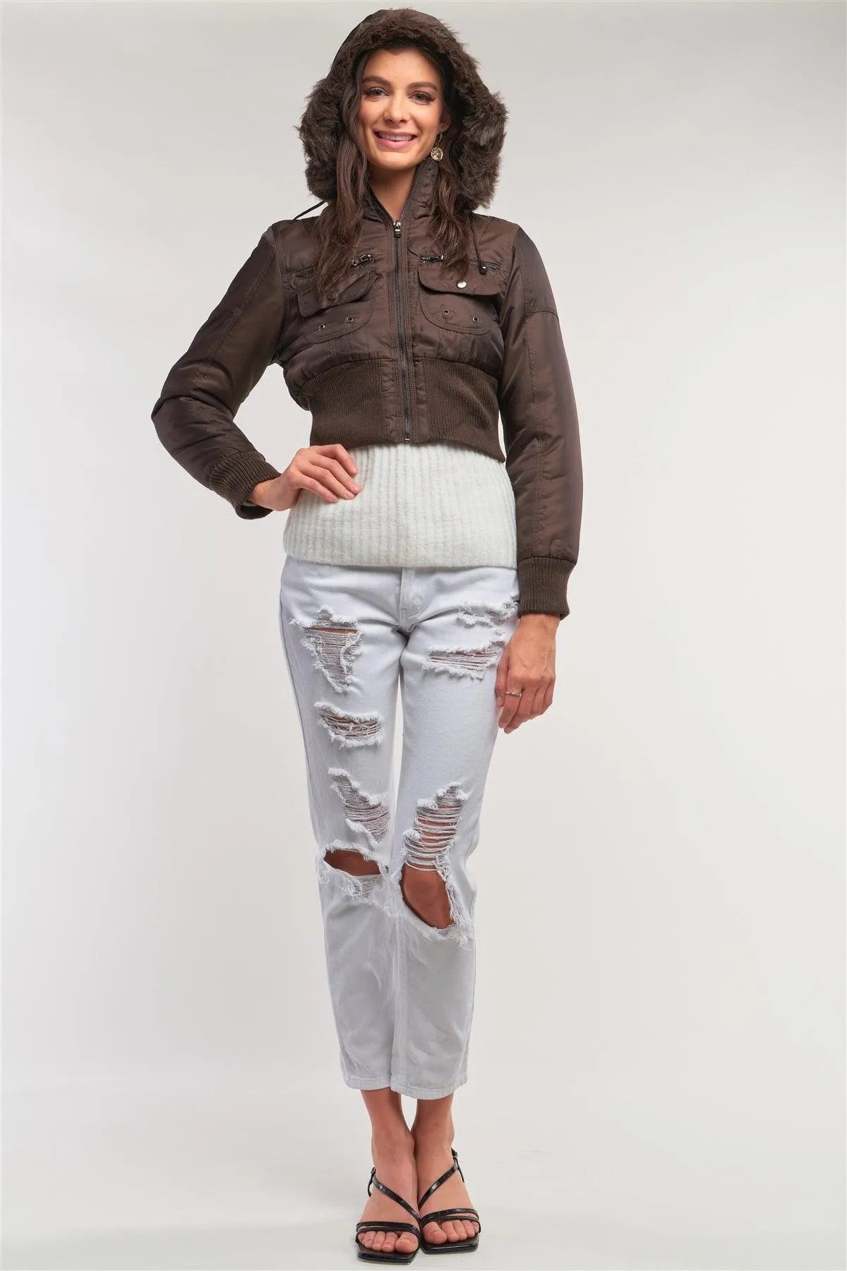 Copper Brown Zip-Up Faux Fur Hood Detail Cropped Winter Bomber Jacket /1-2-2-1 - Tasha Apparel Wholesale