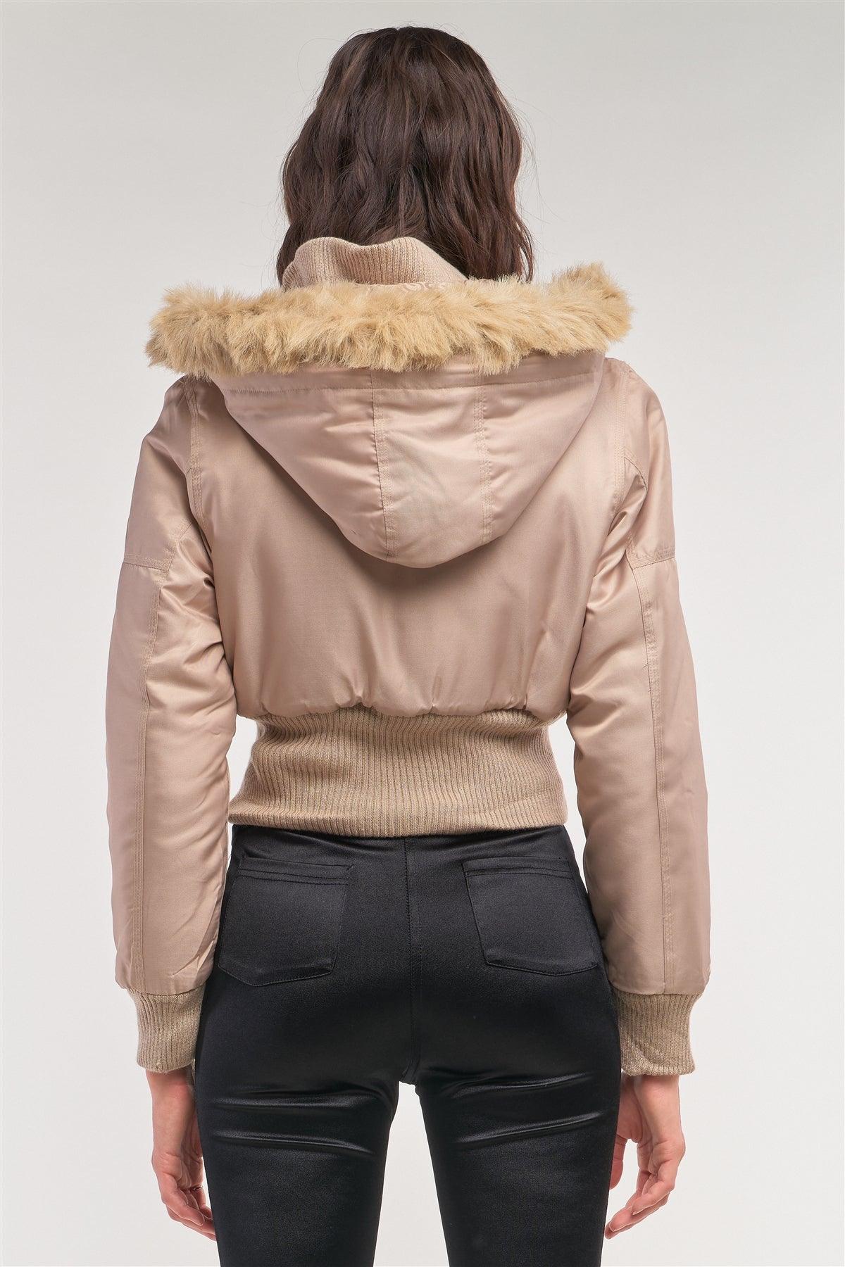 Taupe Zip-Up Faux Fur Hood Detail Cropped Winter Bomber Jacket /1-2-2-1