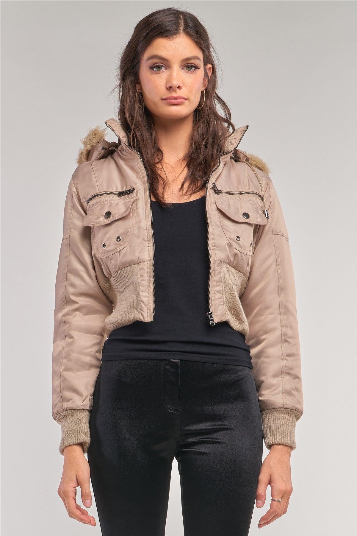 Taupe Zip-Up Faux Fur Hood Detail Cropped Winter Bomber Jacket /1-2-2-1
