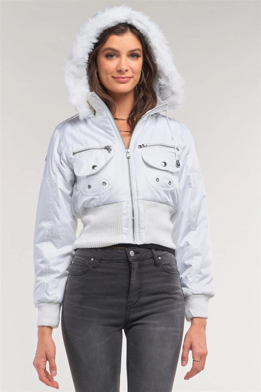 Snow White Zip-Up Faux Fur Hood Detail Cropped Winter Bomber Jacket /1-2-2-1 - Tasha Apparel Wholesale