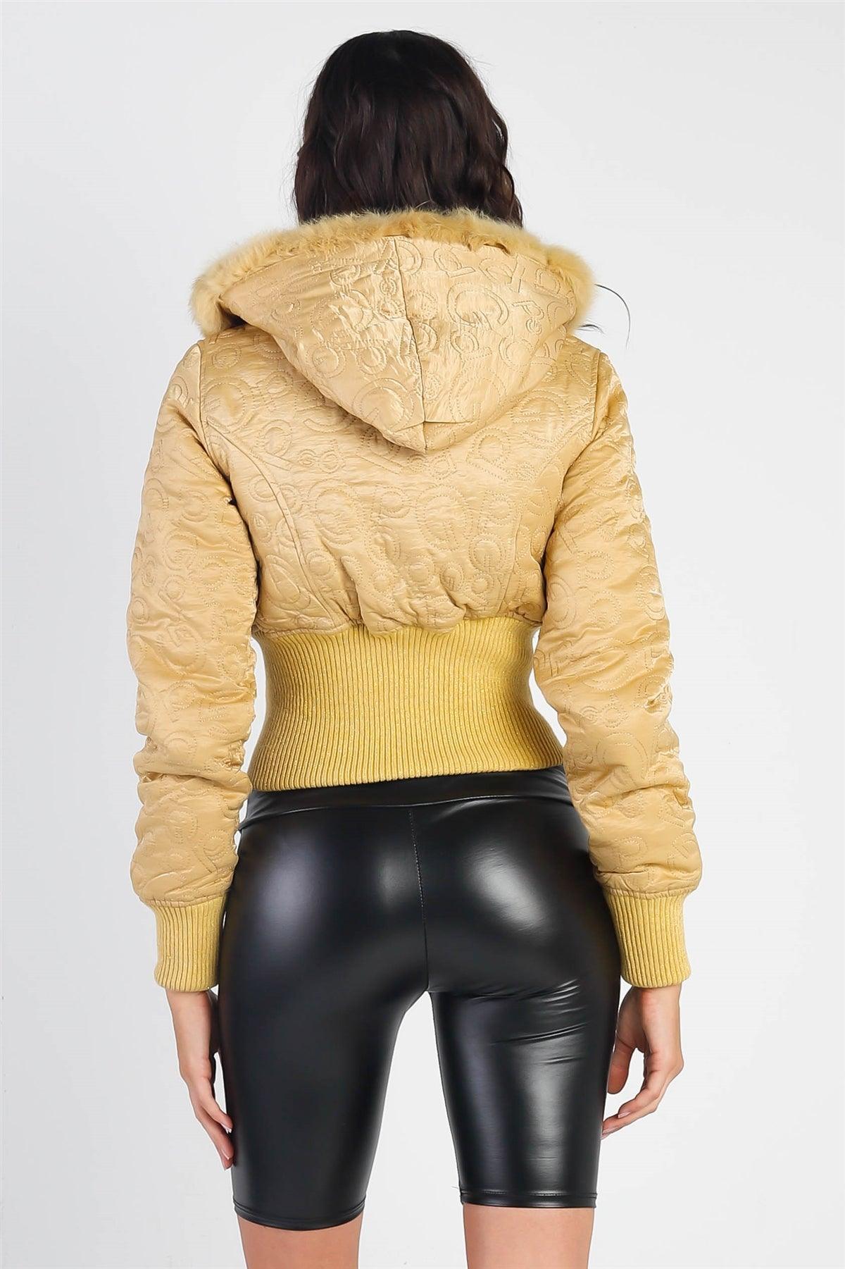 Gold Letter Printed Zip-Up Dyed Fur Hood Detail Cropped Winter Bomber Jacket /1-2-2-1
