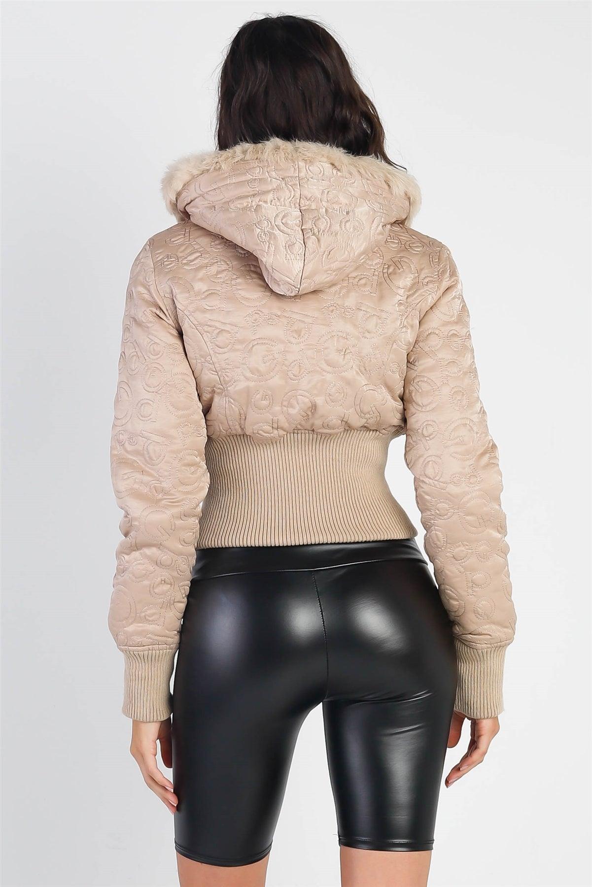 Taupe Letter Printed Zip-Up Dyed Fur Hood Detail Cropped Winter Bomber Jacket /1-2-2-1