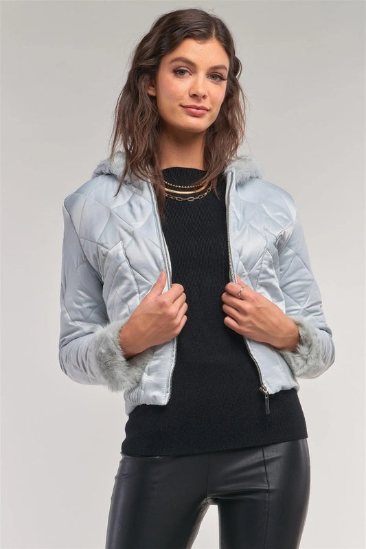 Ice Queen Frosty Blue Quilted Lace-Up Back Detail Faux Fur Cropped Winter Jacket /1-2-2-1 - Tasha Apparel Wholesale