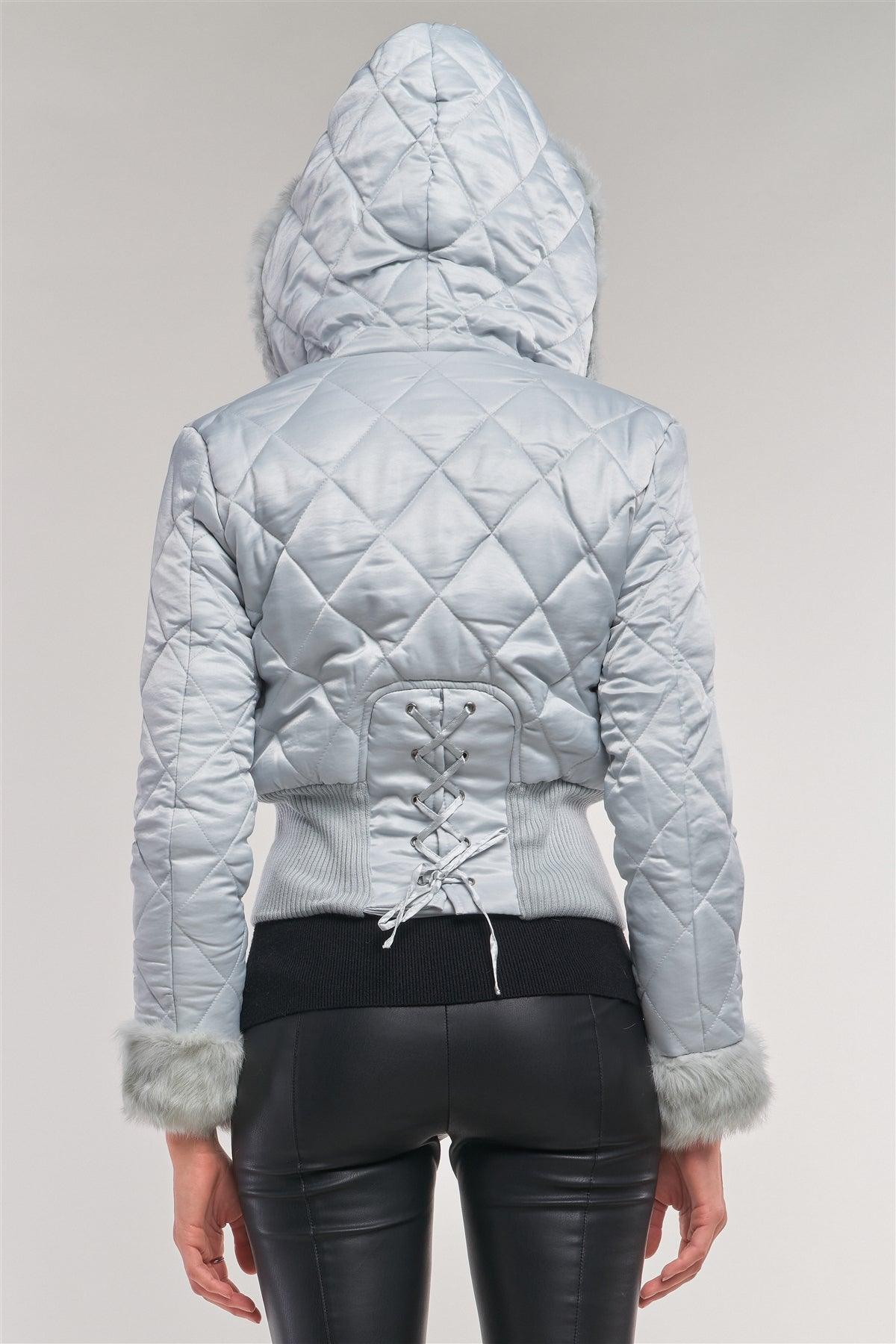 Ice Queen Frosty Blue Quilted Lace-Up Back Detail Faux Fur Cropped Winter Jacket /1-2-2-1