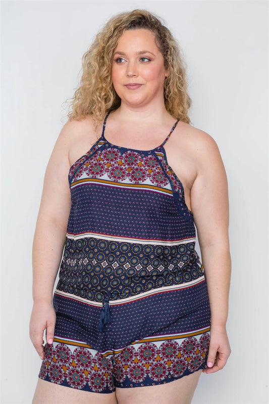 Plus Size Multi Navy Paisley Print Boho Romper / 2-2-2 - Tasha Apparel Wholesale