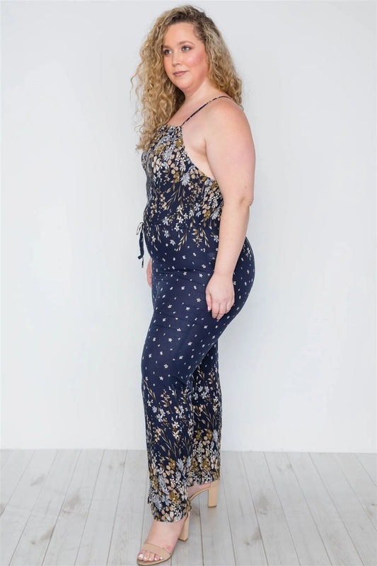 Plus Size Navy Floral Print Cami Straps Romper / 2-4 - Tasha Apparel Wholesale