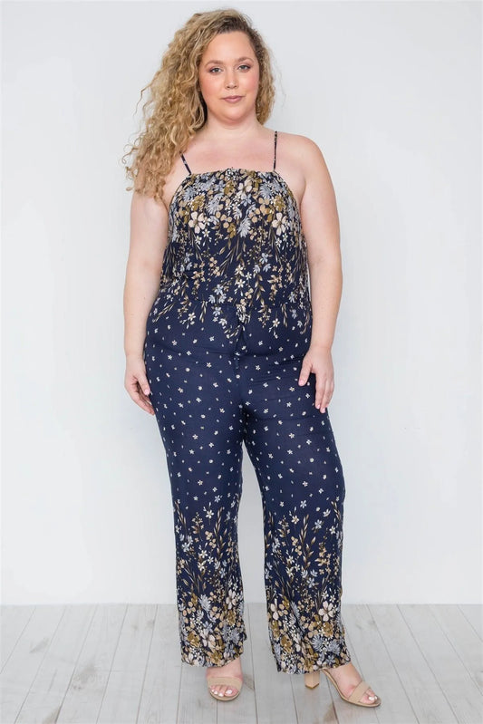 Plus Size Navy Floral Print Cami Straps Romper / 2-2-2 - Tasha Apparel Wholesale