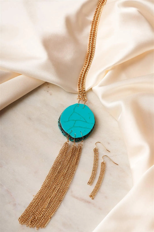 Turquoise Stone Metallic Tassel Necklace & Earrings Set /5 Sets - Tasha Apparel Wholesale