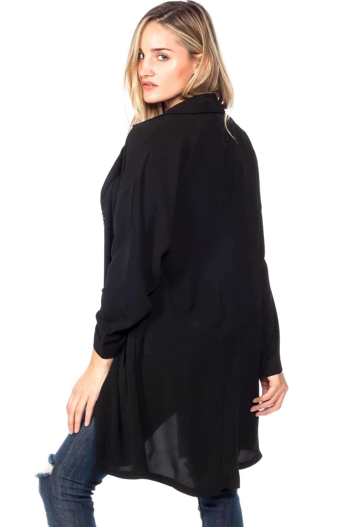 Black Boyfriend Buttoned Two Pocket Blazer Jacket /2-2-2 - Tasha Apparel Wholesale