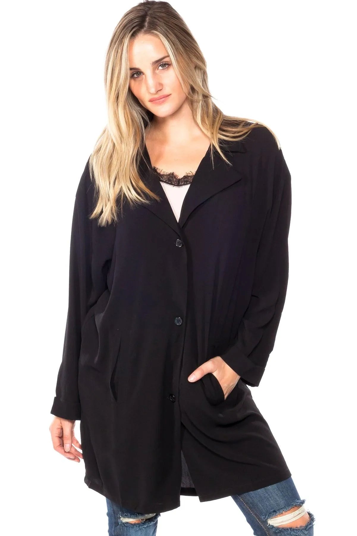 Black Boyfriend Buttoned Two Pocket Blazer Jacket /2-2-2 - Tasha Apparel Wholesale