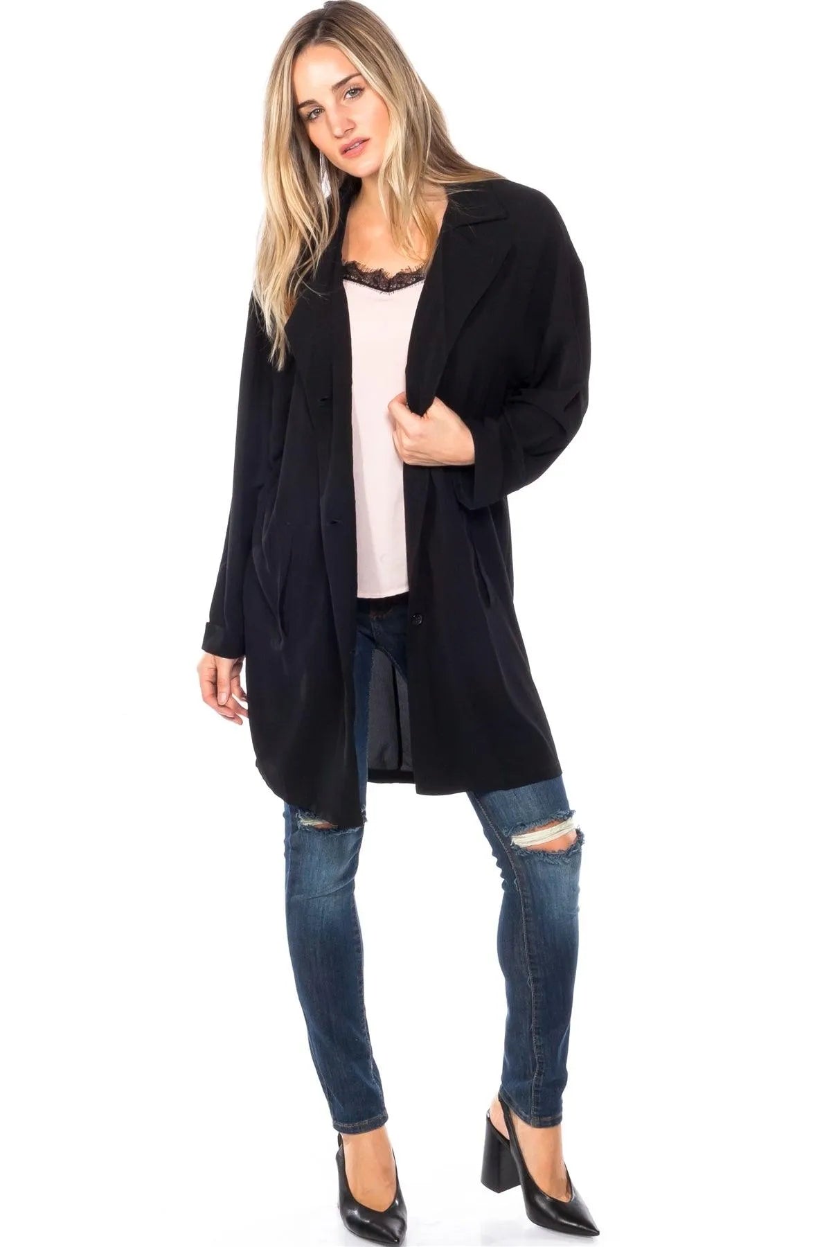 Black Boyfriend Buttoned Two Pocket Blazer Jacket /2-2-2 - Tasha Apparel Wholesale
