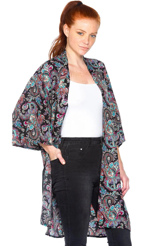 Black Ornate Print Kimono /2-2-1 - Tasha Apparel Wholesale