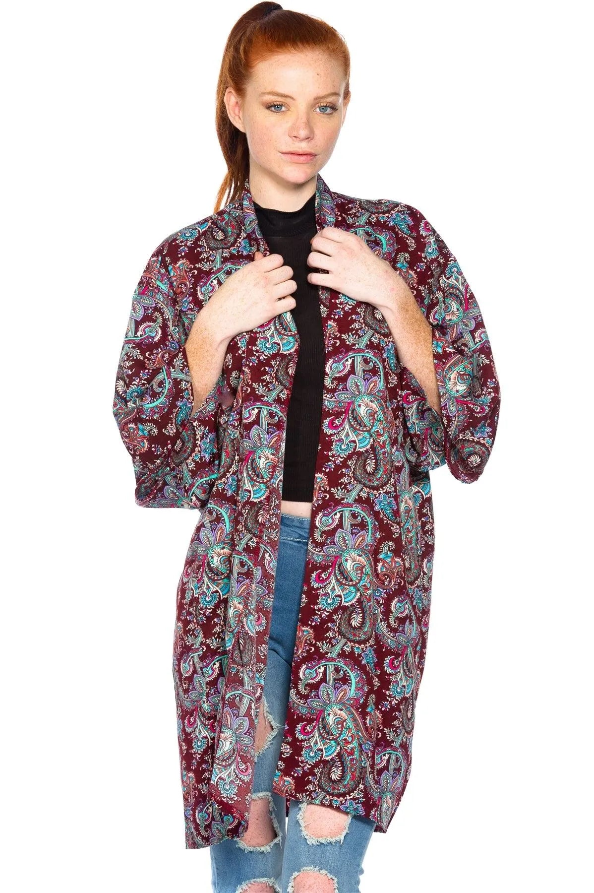 Burgundy Ornate Print Kimono /2-2-1 - Tasha Apparel Wholesale