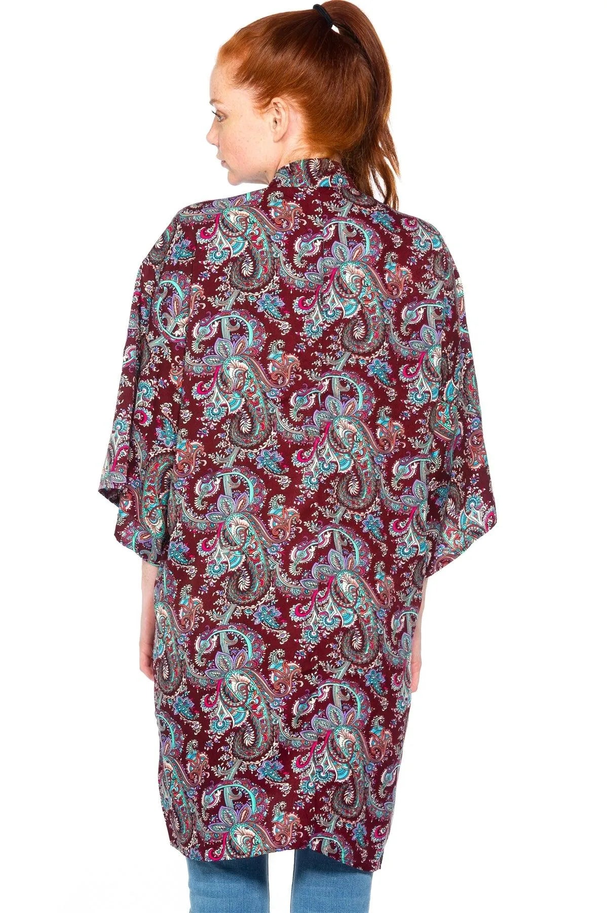 Burgundy Ornate Print Kimono /2-2-1 - Tasha Apparel Wholesale