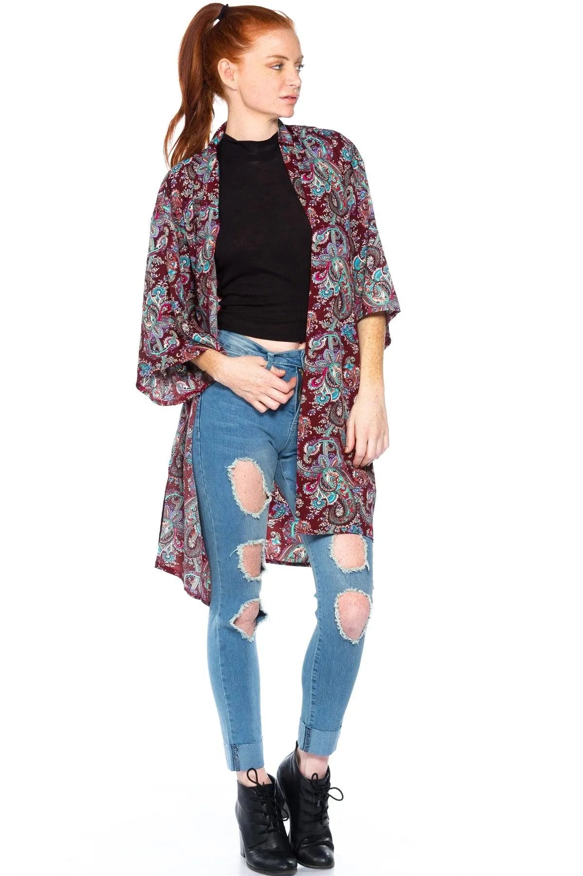 Burgundy Ornate Print Kimono /2-2-1 - Tasha Apparel Wholesale