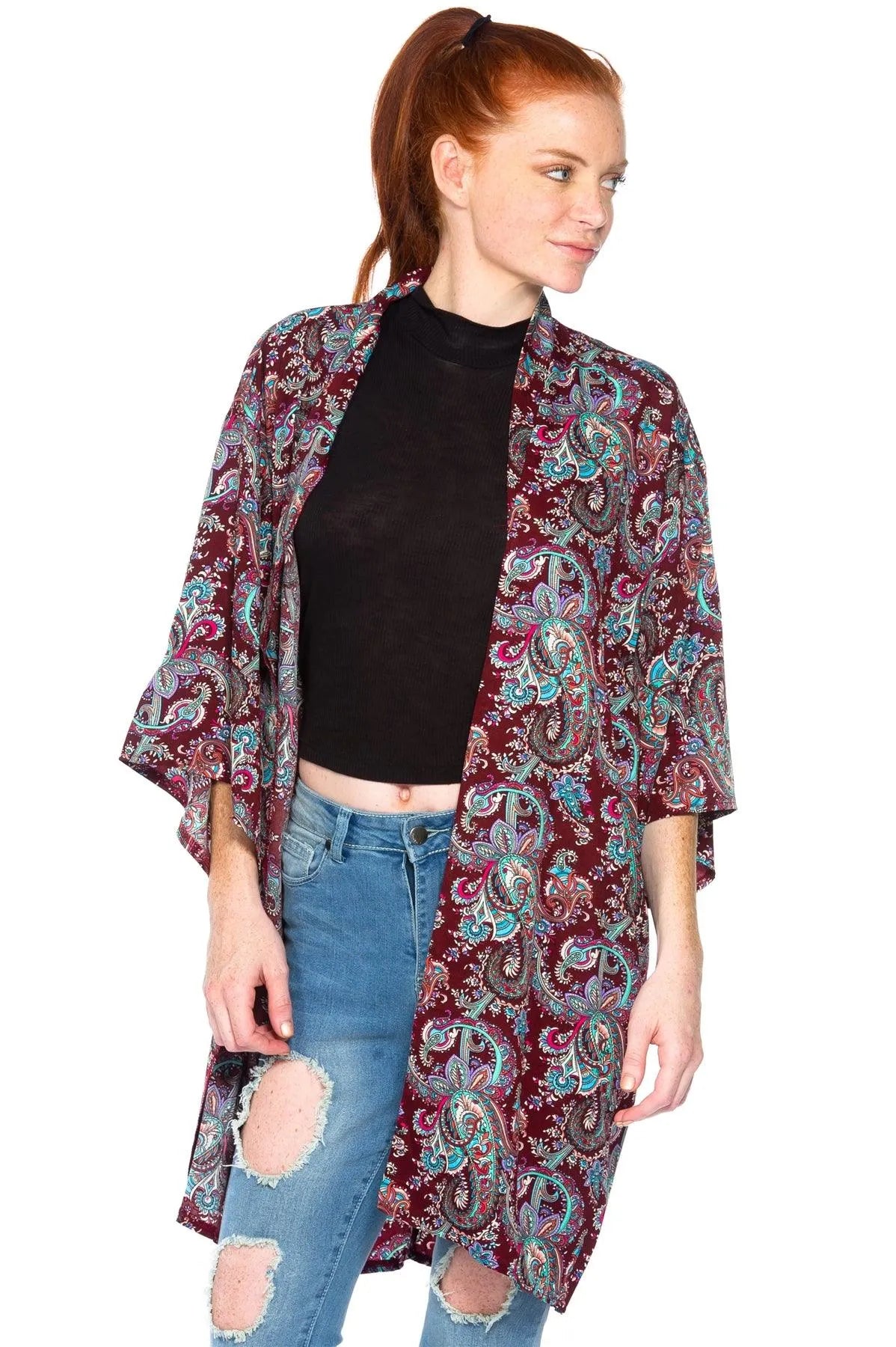 Burgundy Ornate Print Kimono /2-2-1 - Tasha Apparel Wholesale