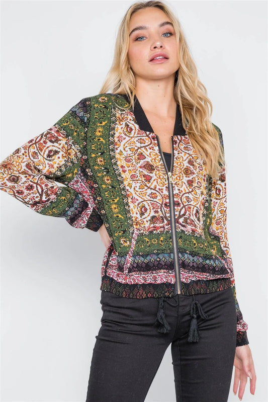 Olive Bohemian Print Bomber Jacket /2-2-2 - Tasha Apparel Wholesale