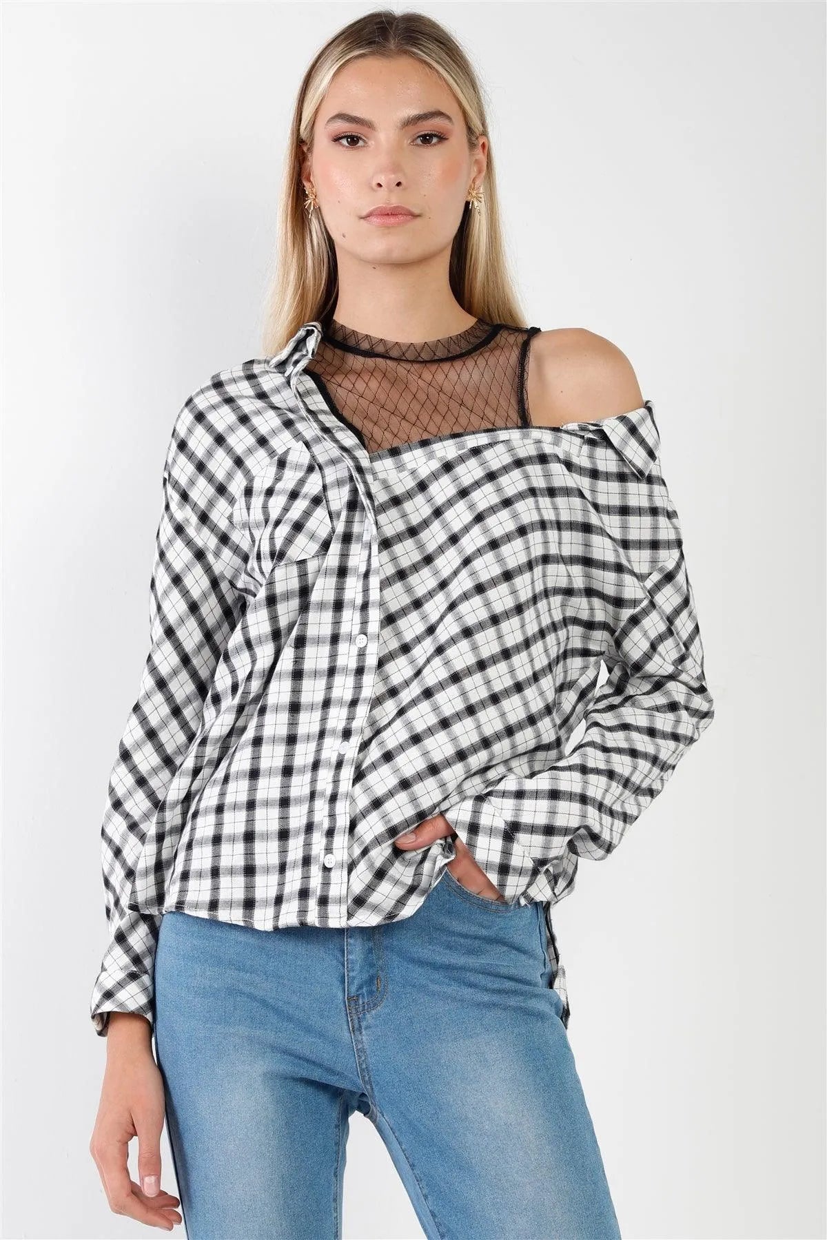 Edgy Chic Gingham Plaid Off-Shoulder Button-Up Top - Tasha Apparel Wholesale