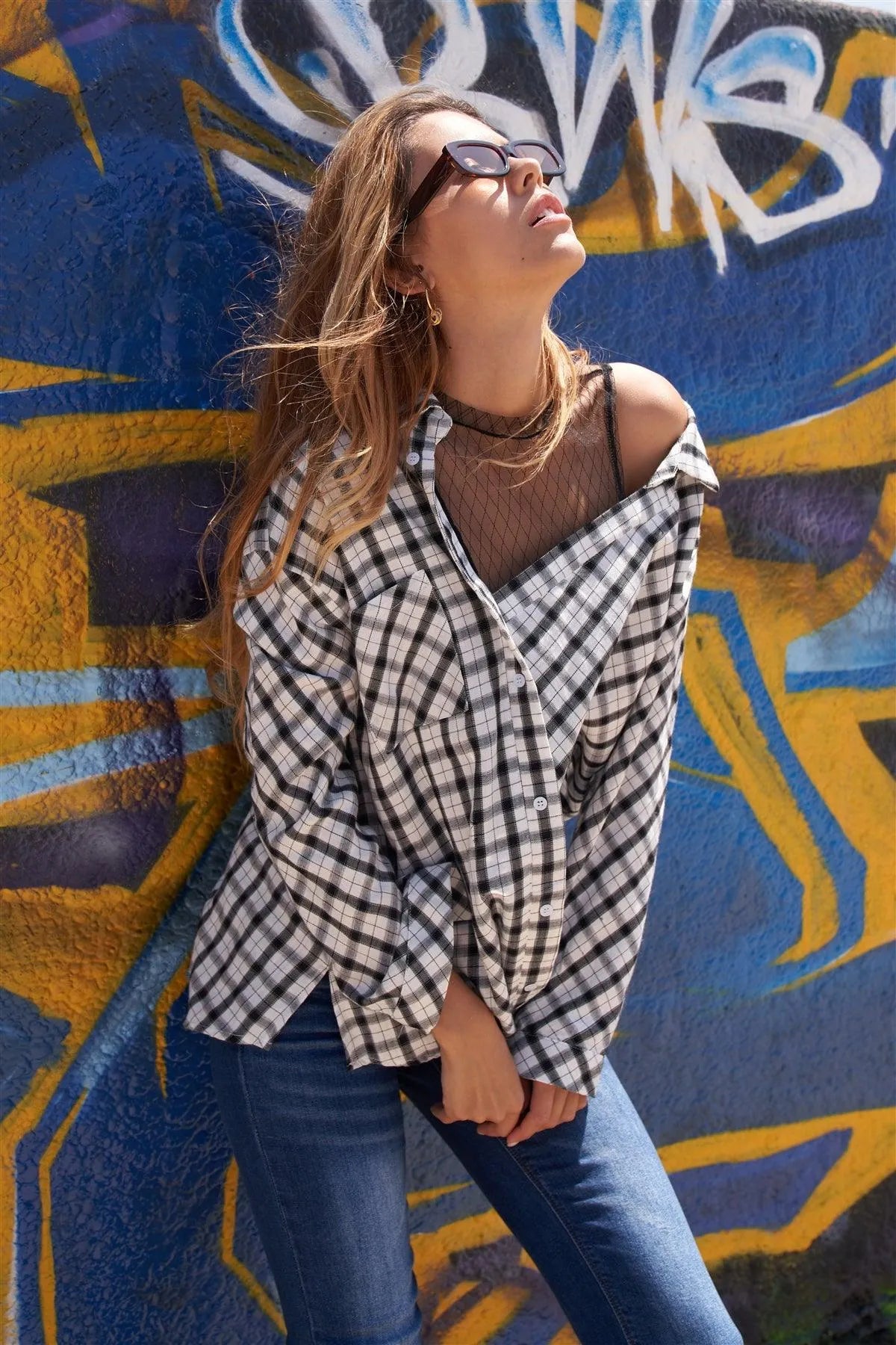 Edgy Chic Gingham Plaid Off-Shoulder Button-Up Top - Tasha Apparel Wholesale