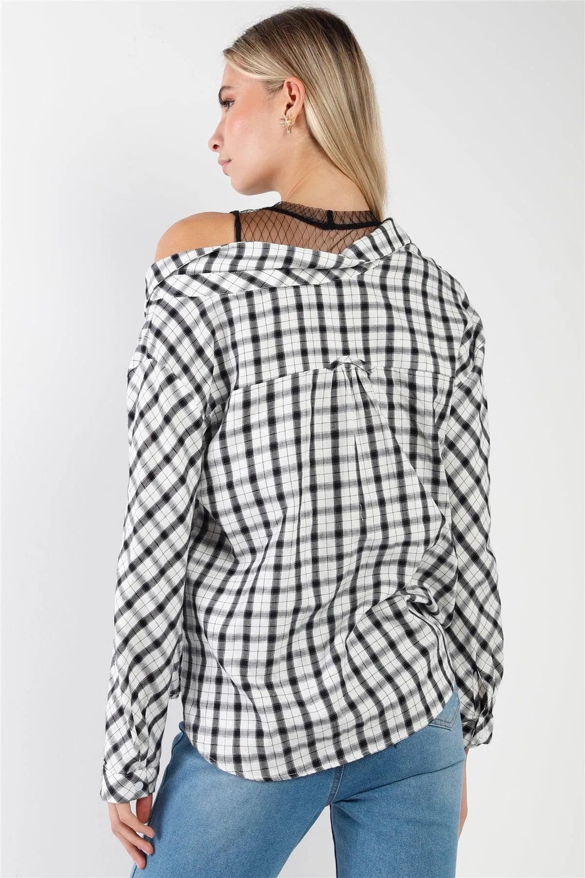 Edgy Chic Gingham Plaid Off-Shoulder Button-Up Top - Tasha Apparel Wholesale