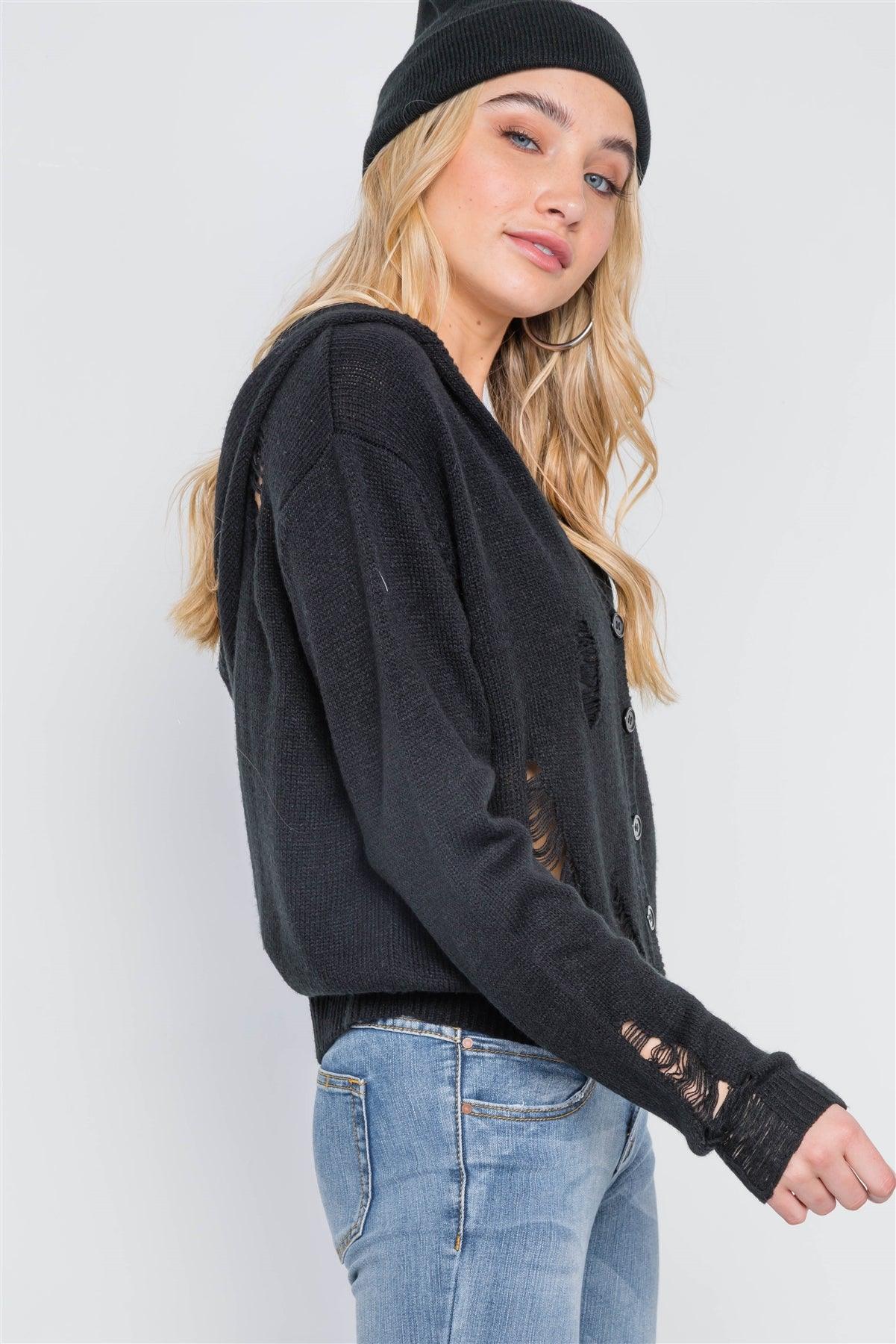 Black Knit Distressed Hooded Button-Front Sweater /2-2-2