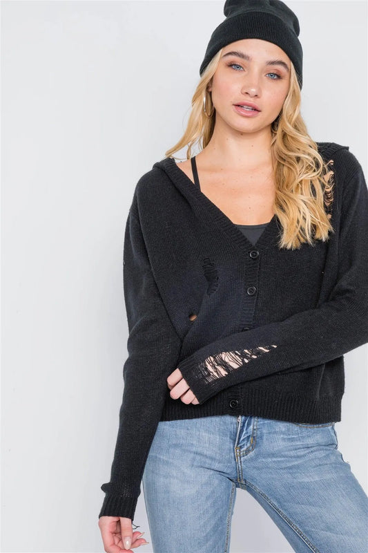 Black Knit Distressed Hooded Button-Front Sweater Cardigan - Tasha Apparel Wholesale