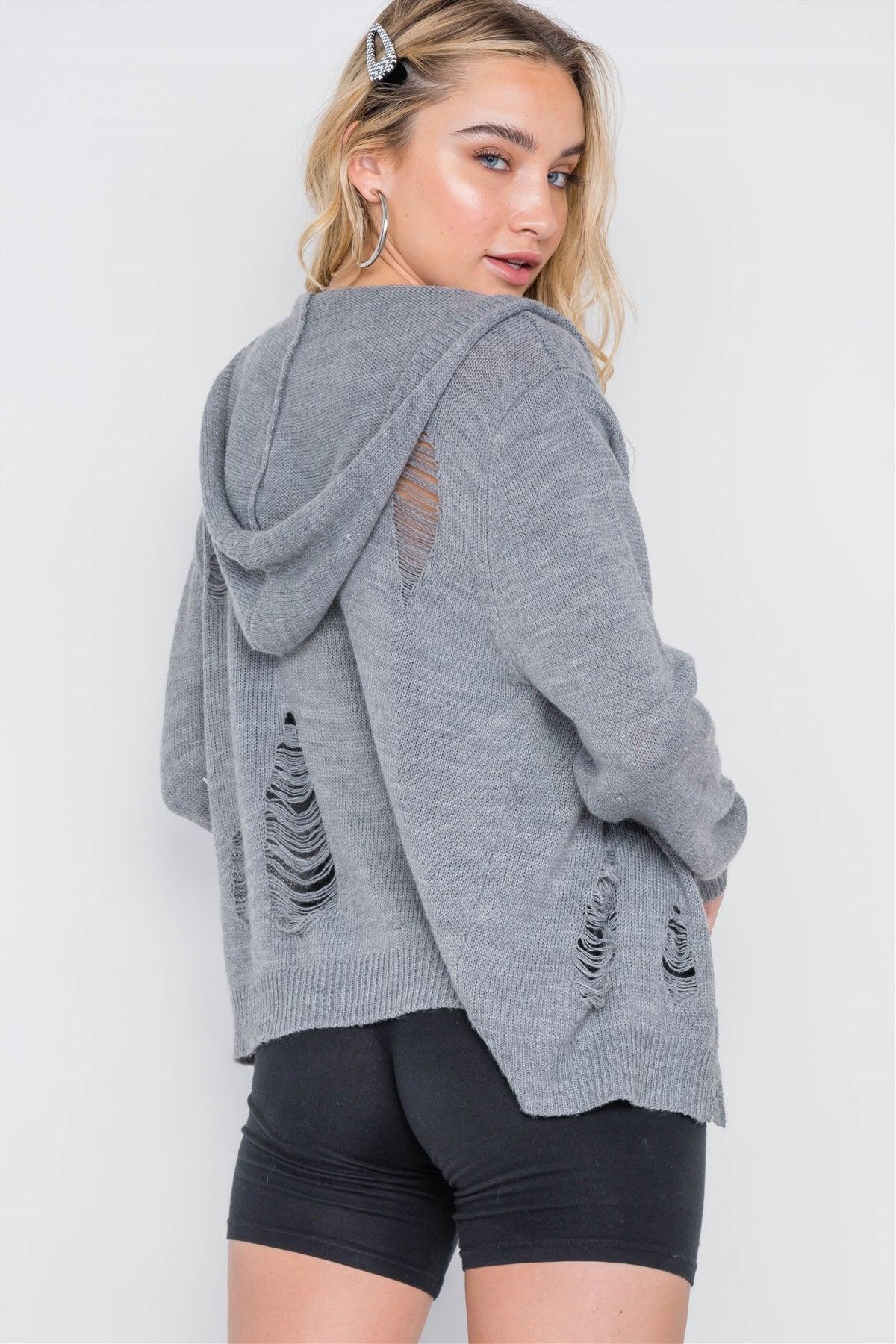 Charcoal Knit Distressed Hooded Button-Front Sweater /1-2-2