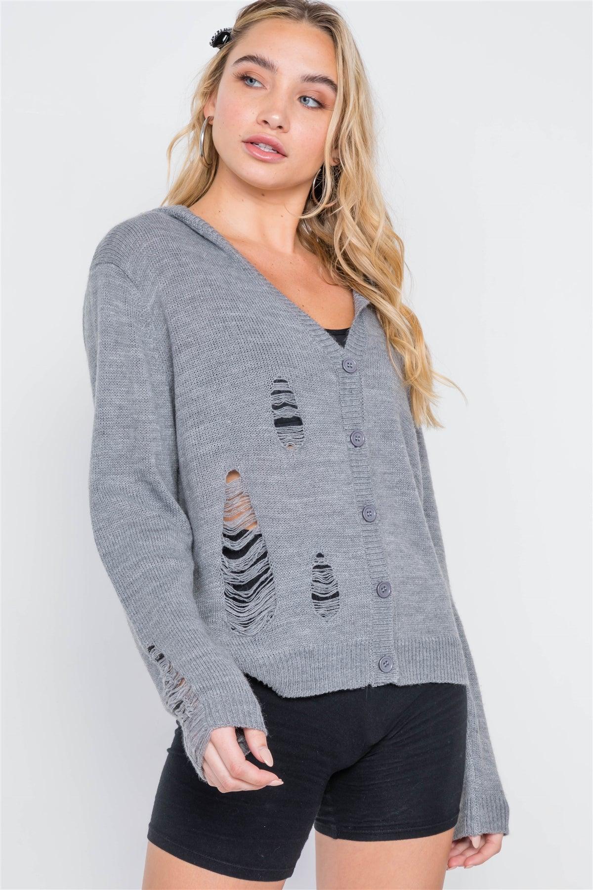 Charcoal Knit Distressed Hooded Button-Front Sweater /1-2-2